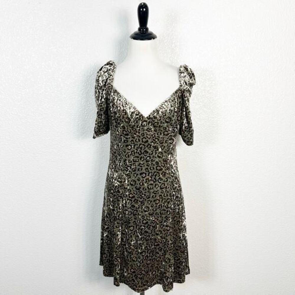 Lait‎ Collection Size L Glam Leopard Print Green Velvet Puff Sleeve Mini Dress